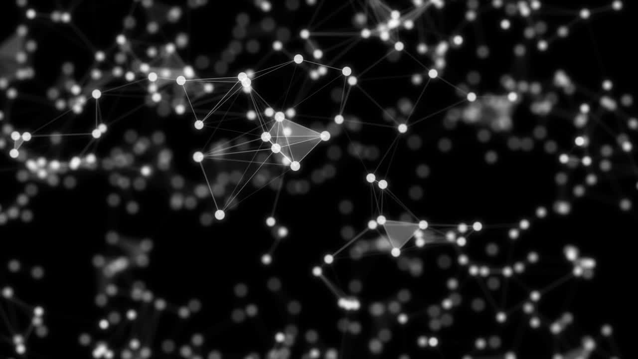 Abstract background, full of white dots, which are connected with white straight lines, on black brurred backdrop. Animation. Zooming composition. Shapes are moving slowly. 4K. Bokeh.