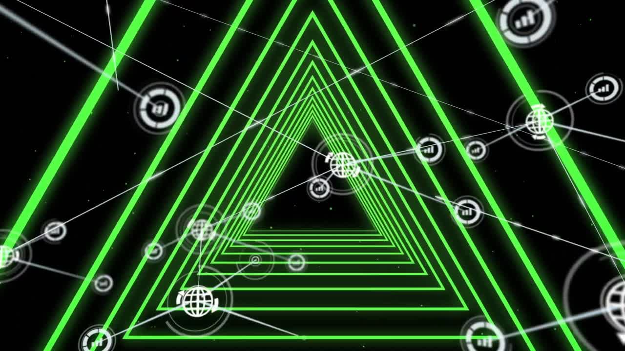 검은색 바탕에 네온 녹색으로 빛나는 삼각형 터널에 대한 디지털 아이콘 네트워크