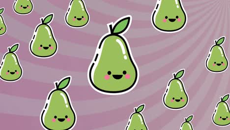 animation of green pear repeated over purple striped background