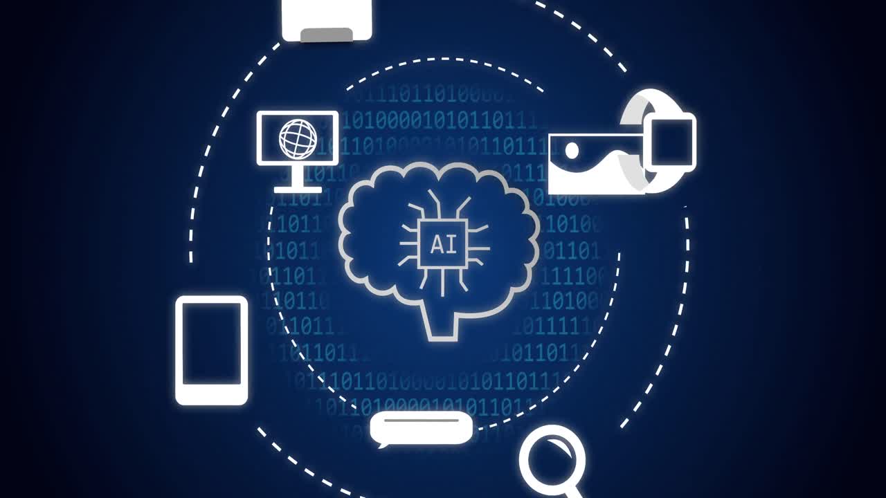 파란색 배경 위의 텍스트, 아이콘 및 데이터 처리의 애니메이션