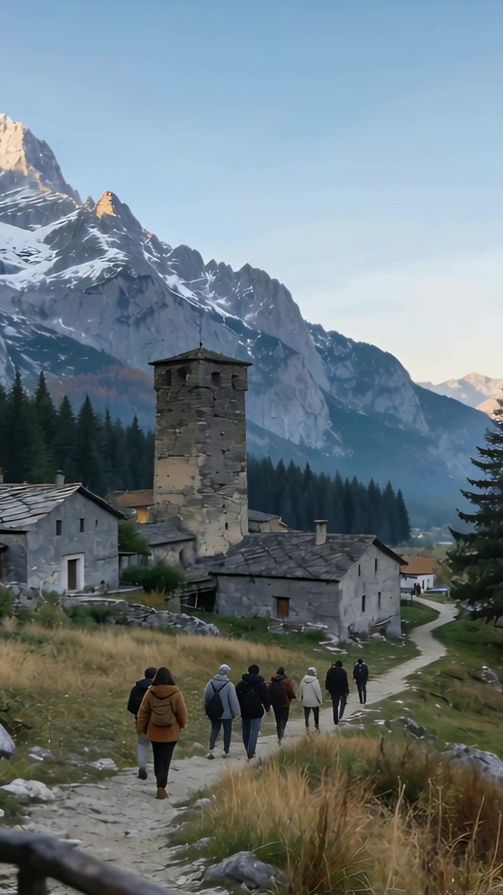 Video verticale: Gruppo di escursionisti che segue un sentiero di un borgo verso una torre, indossando parka e portando zaini.