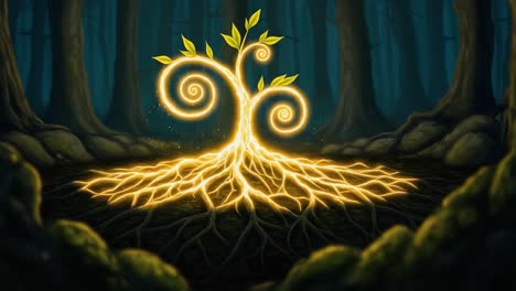 a magical transformation of a mystical plant in a dreamlike forest setting, highlighting the beauty of nature and the life-giving energy of roots and sprouts