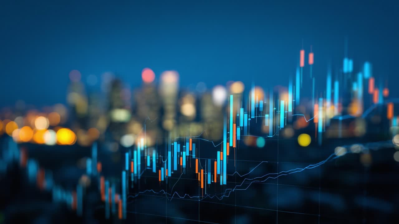 Dynamic Visualization of Financial Market Trends with Colorful Candlestick Charts Highlighting Data Insights Against a City Skyline at Night