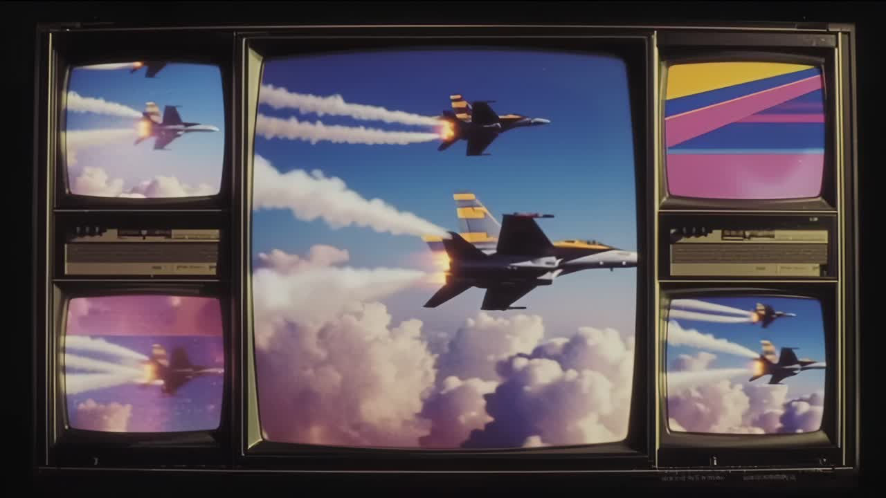 Ripresa di una parete di televisori CRT vintage con schermi multipli che mostrano jet da combattimento che lasciano scie di condensazione sopra le nuvole, evocando temi di trasmissione retrò, aviazione e media.