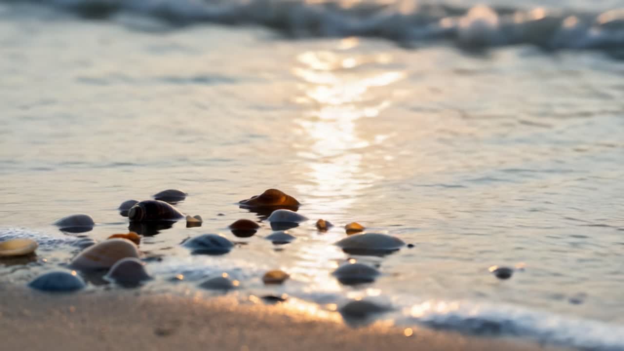 Tranquil Beach Scene at Sunset Featuring Shimmering Water Waves and Colorful Seashells on a Serene Sandy Shoreline