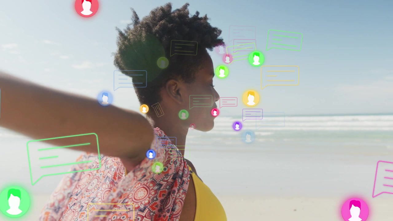 Scene starting woman on beach turning and raising arms while avatars swirling around her marketing