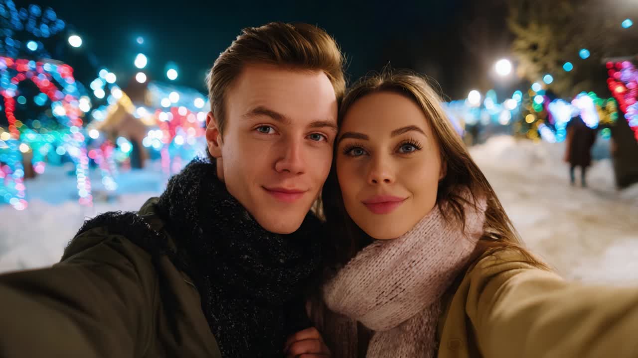 A Joyful Winter Evening: A Couple Enjoying the Festive Atmosphere Together, Surrounded by Beautifully Decorated Lights and a Snowy Landscape, Sharing a Sweet Moment of Happiness in Their Winter Attire