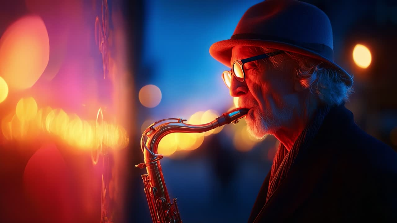 An Intimate Evening of Jazz: A Skilled Musician Plays the Saxophone Under the Enchanting Glow of City Lights, Creating a Mesmerizing Atmosphere Filled with Melodic Harmony