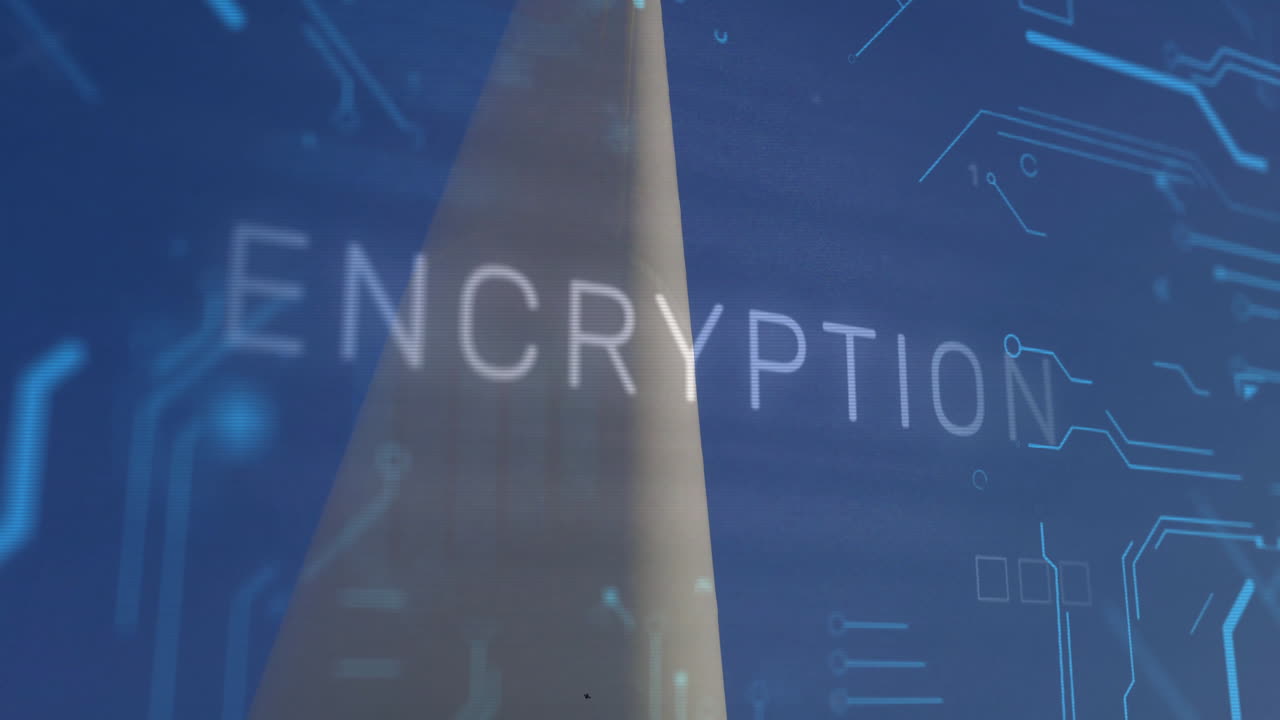 Triangular monolith rising in stylized sky, featuring floating binary code and encryption text