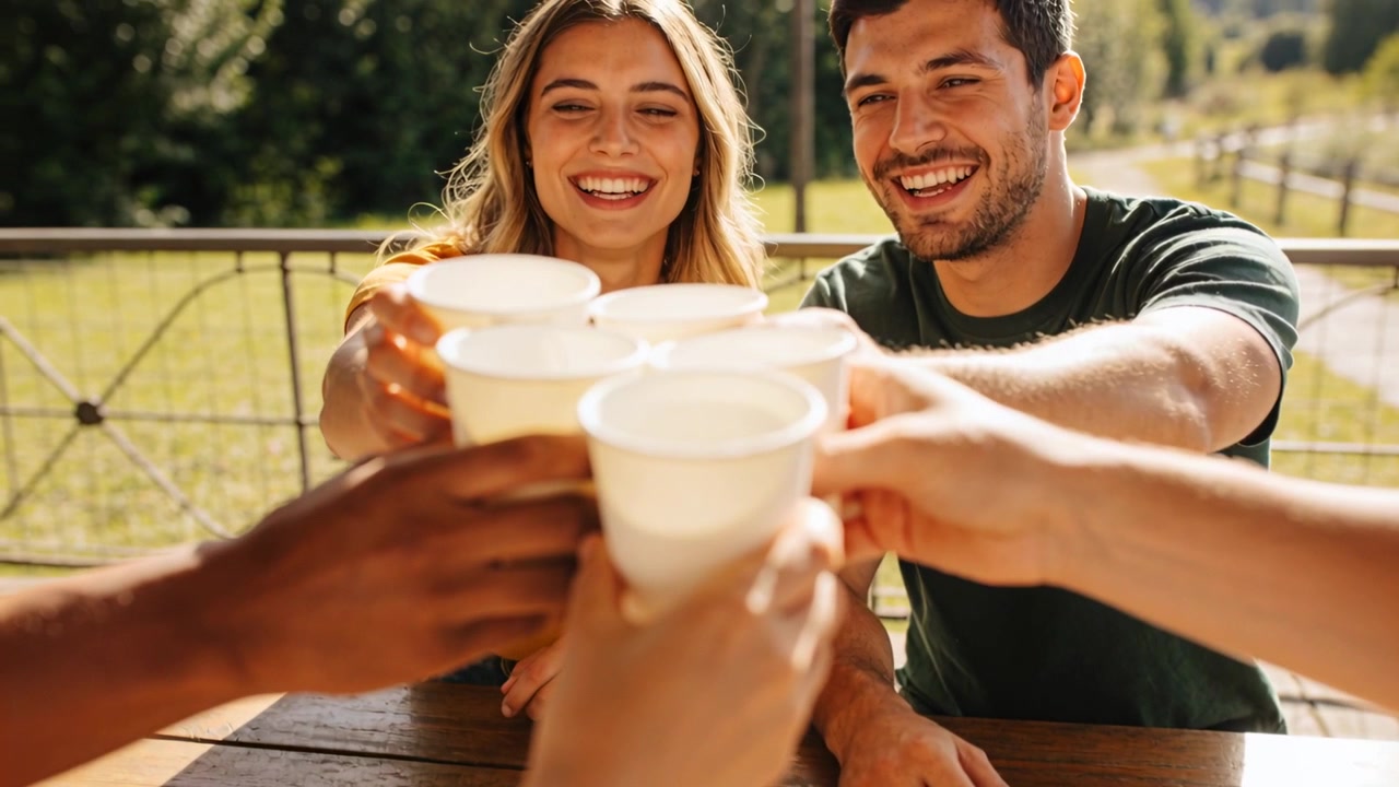 Raising cups, friends at park table toasting, celebrating with white cups, mustard top, dark green