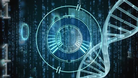 Animation-Von-Rundem-Scanner,-DNA-Struktur,-Binärer-Kodierung-Und-Leuchtenden-Lichtspuren-Auf-Blauem-Hintergrund