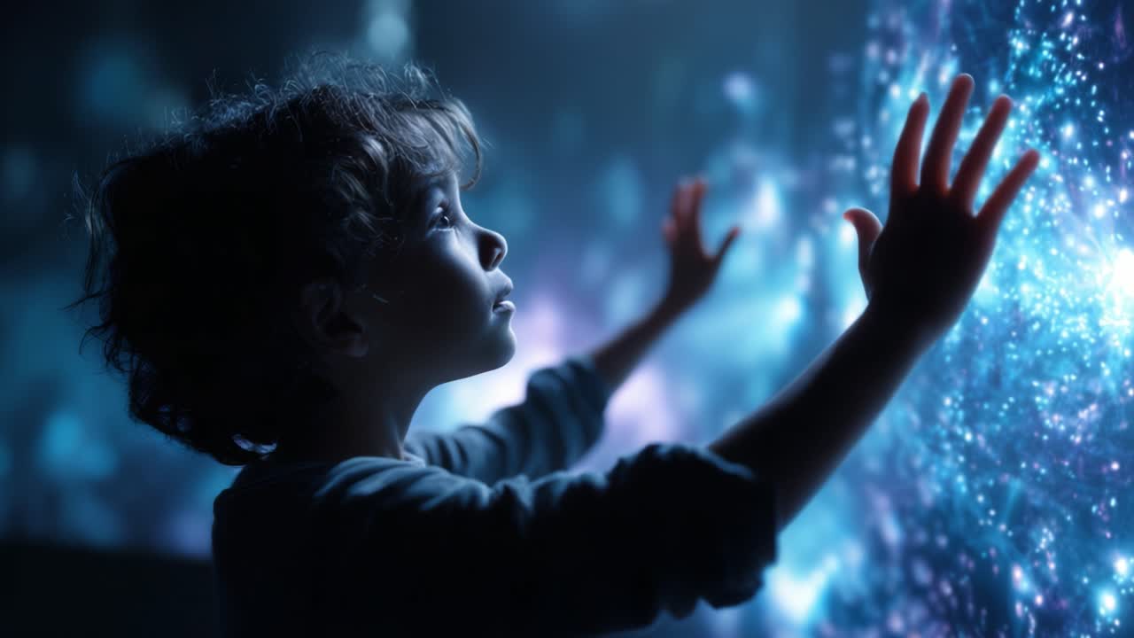 A Child's Wonder: Exploring the Mysteries of a Glowing Universe Through Touching the Stars in a Magical Digital Realm of Light and Color