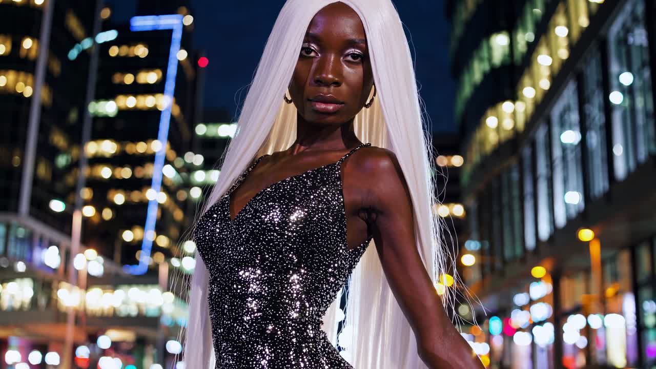 Sophisticated african american female sporting flowing white hair, glimmering gown, standing confidently on nighttime urban street with soft bokeh lighting behind