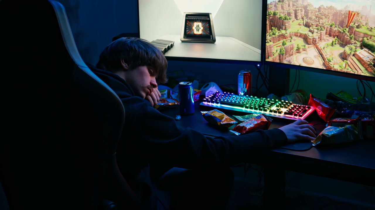 Teen Gamer Asleep At Desk With Dual Monitors Displaying Pixelated Landscape, Colorful Backlit Keyboard, Soda
