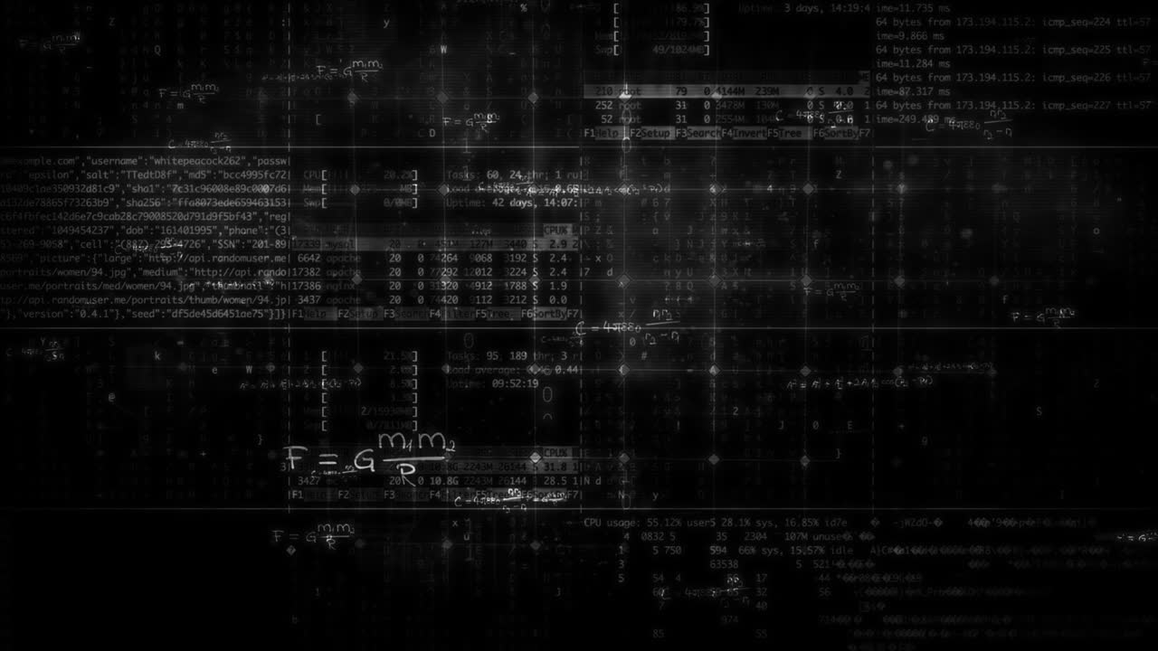 4k abstract dark digital grid data communication technology background footage.Data grid ,math formulas and various business icons overlay. Seamless loop