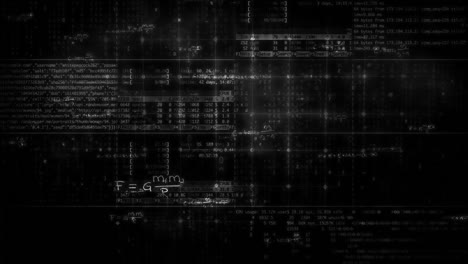 4k abstracto red digital oscura tecnología de comunicación de datos imágenes de fondo. red de datos, fórmulas matemáticas y varios iconos de negocios superposición. bucle sin costuras