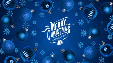 Animation-of-snowflakes-and-baubles-over-merry-christmas-text-and-happy-new-year-on-blue-background