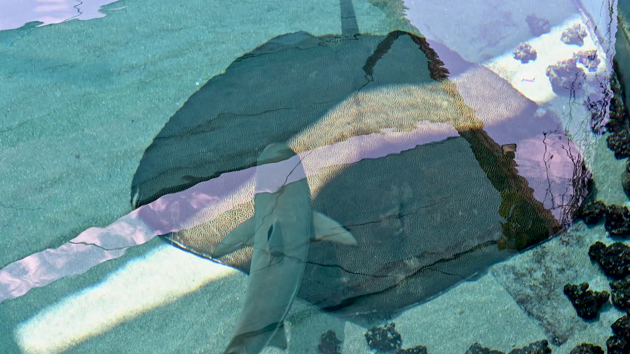 Aerial view of a streamlined shark gliding through clear turquoise water near a rocky shoreline, capturing its dorsal fin and graceful movement in the marine habitat