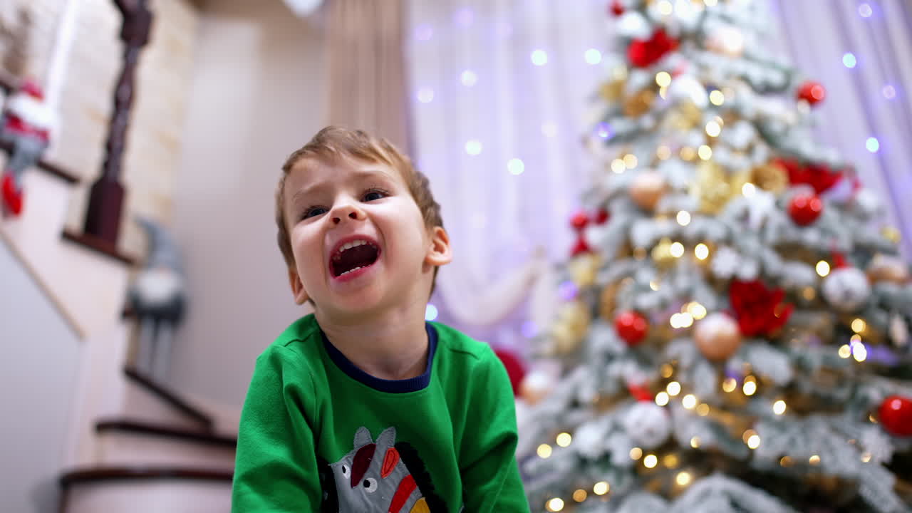 Caucasian baby boy wearing green sweater sitting on the floor at home. Low angle view. Christmas tree at backdrop.