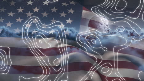 animation of network of connection and icons over usa flag and cloudy sky