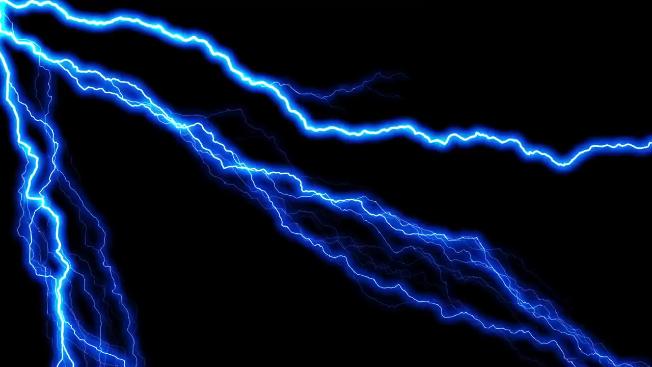 Bright Blue Electric Lightning Bolts Striking Against Black Background