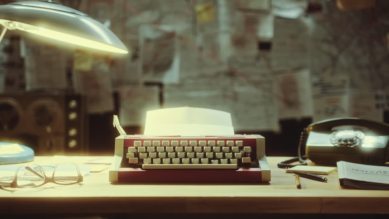Retro Typewriter on Desk in Detective Office at Night