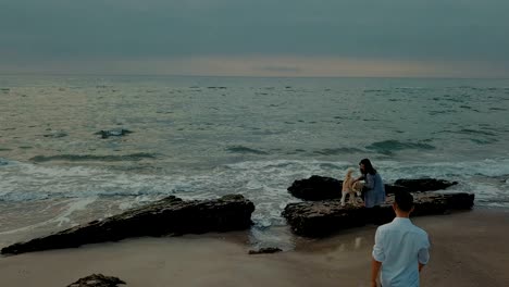 man making proposal to his girlfriend sending husky dog with ring. engagement on beach