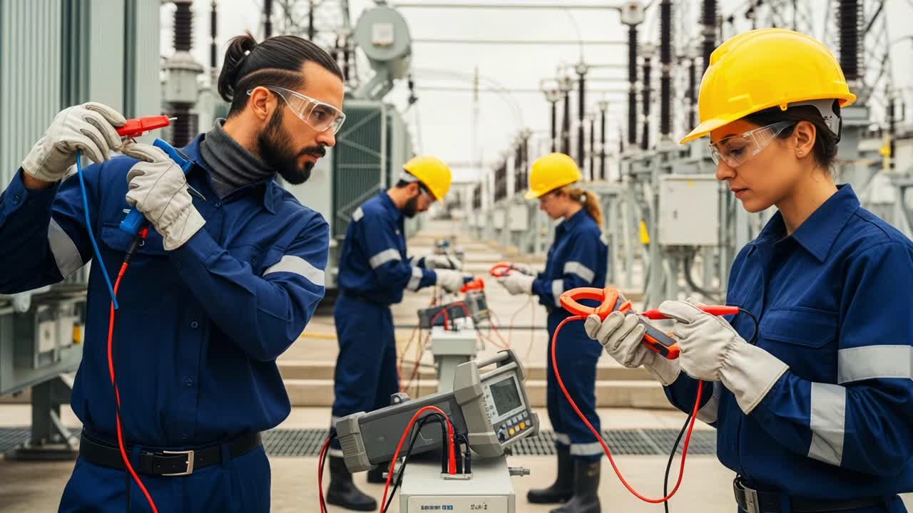 Electrical Technicians Engaged in Safety Inspection and Testing of High-Voltage Equipment, Ensuring Operational Efficiency and Preventative Maintenance in a Power Facility