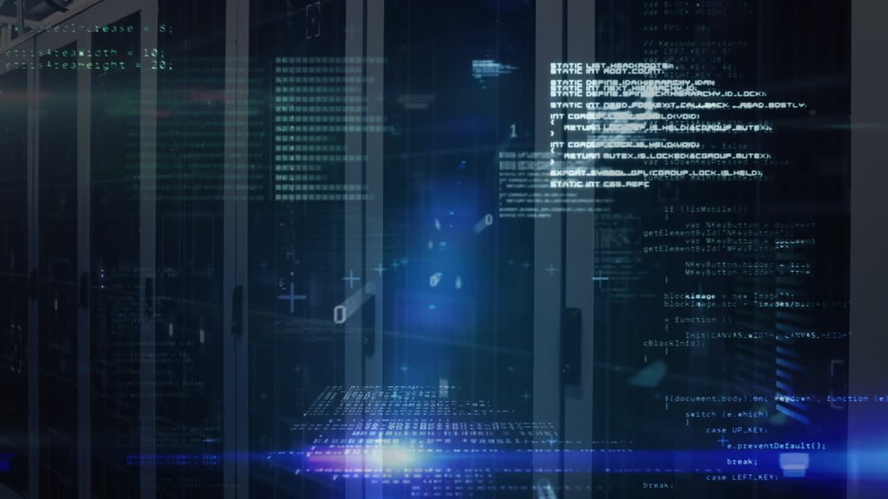 Animation of data processing and blue lights over servers