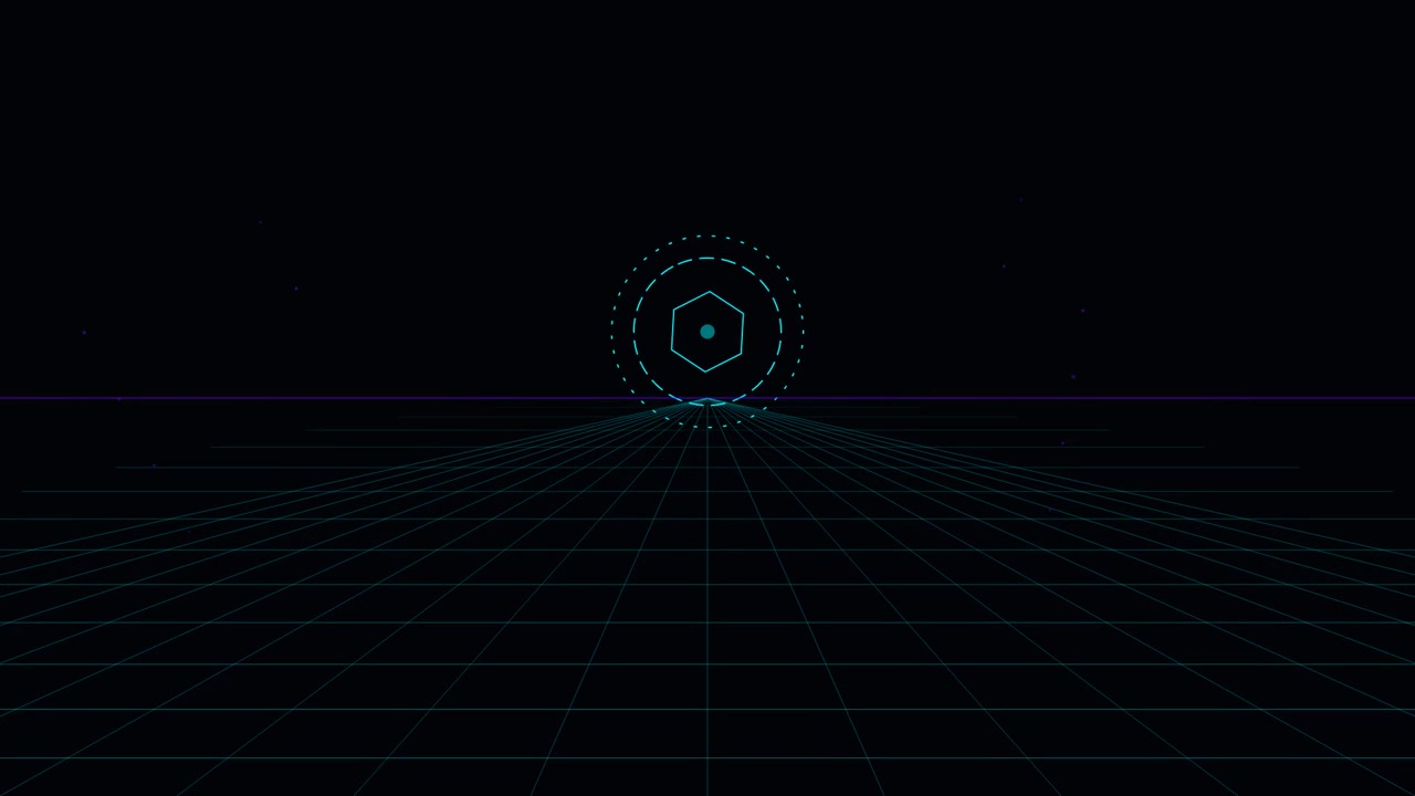 Retro Synthwave Style Grid Background with Rotating Hexagon