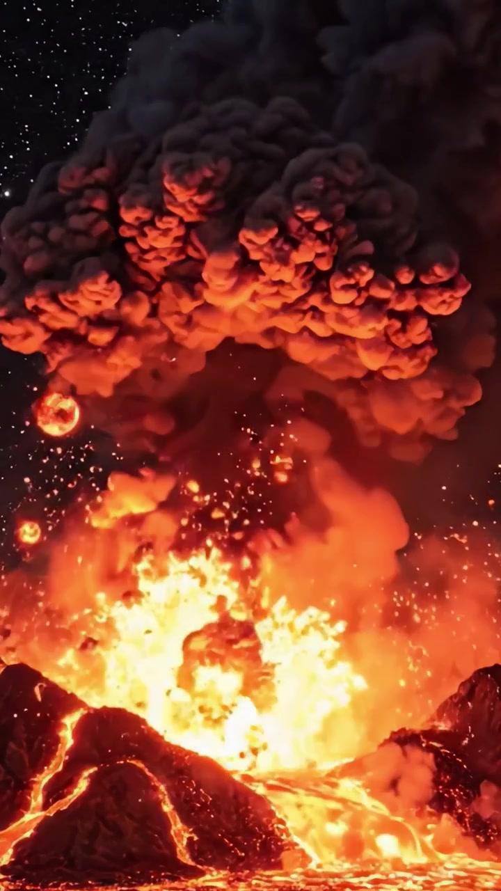 Spektakulært utbrudd: En fascinerende vulkaneksplosjon viser virvlende aske og smeltet lava opplyst under en stjernehimmel, som fanger naturens rå kraft