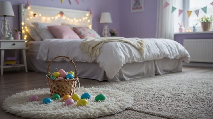 Una camera da letto accogliente e affascinante decorata con uova di Pasqua e tenui colori pastello, perfettamente arredata per le celebrazioni primaverili e le feste stagionali