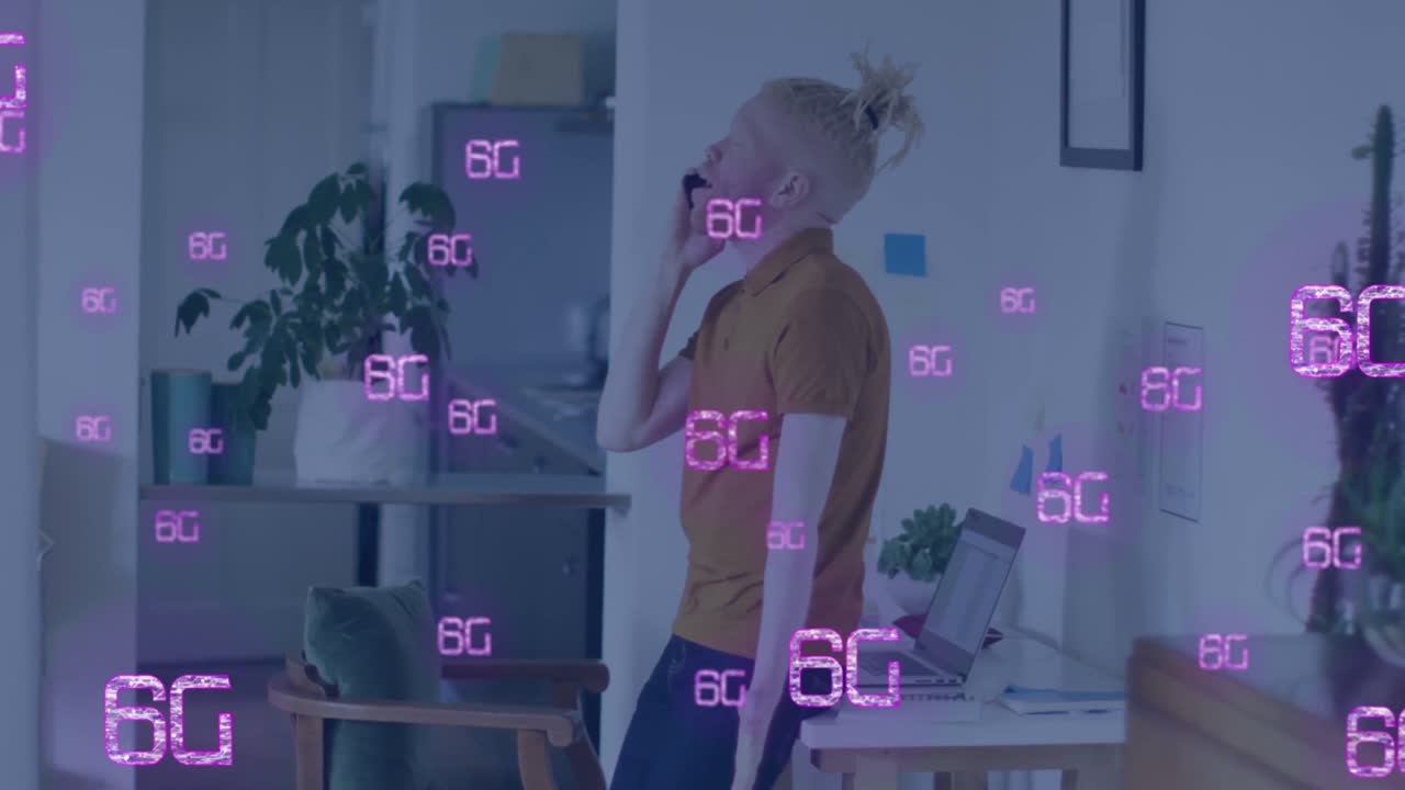 스마트 폰을 사용하는 알비노 아프리카계 미국인 남성에 대한 6g 텍스트의 애니메이션