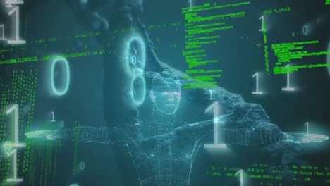 animation of binary coding data processing over dna strand spinning