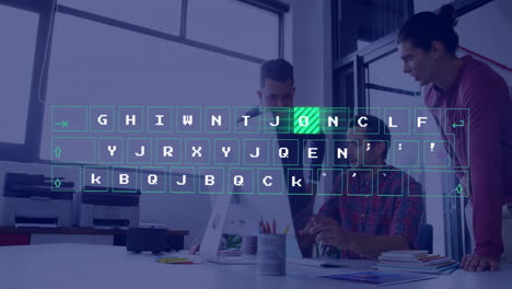 Animation of data processing over diverse business people in office