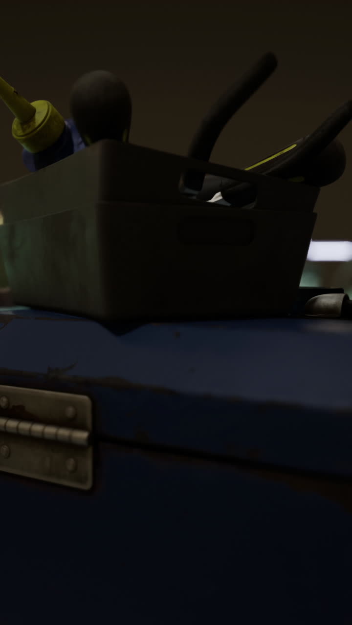 Detailed view of tools and equipment in a workshop during evening work hours