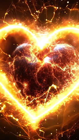 a heart is shown in a black background with a lot of fire and sparks surrounding it. the heart is broken and has a lot of damage