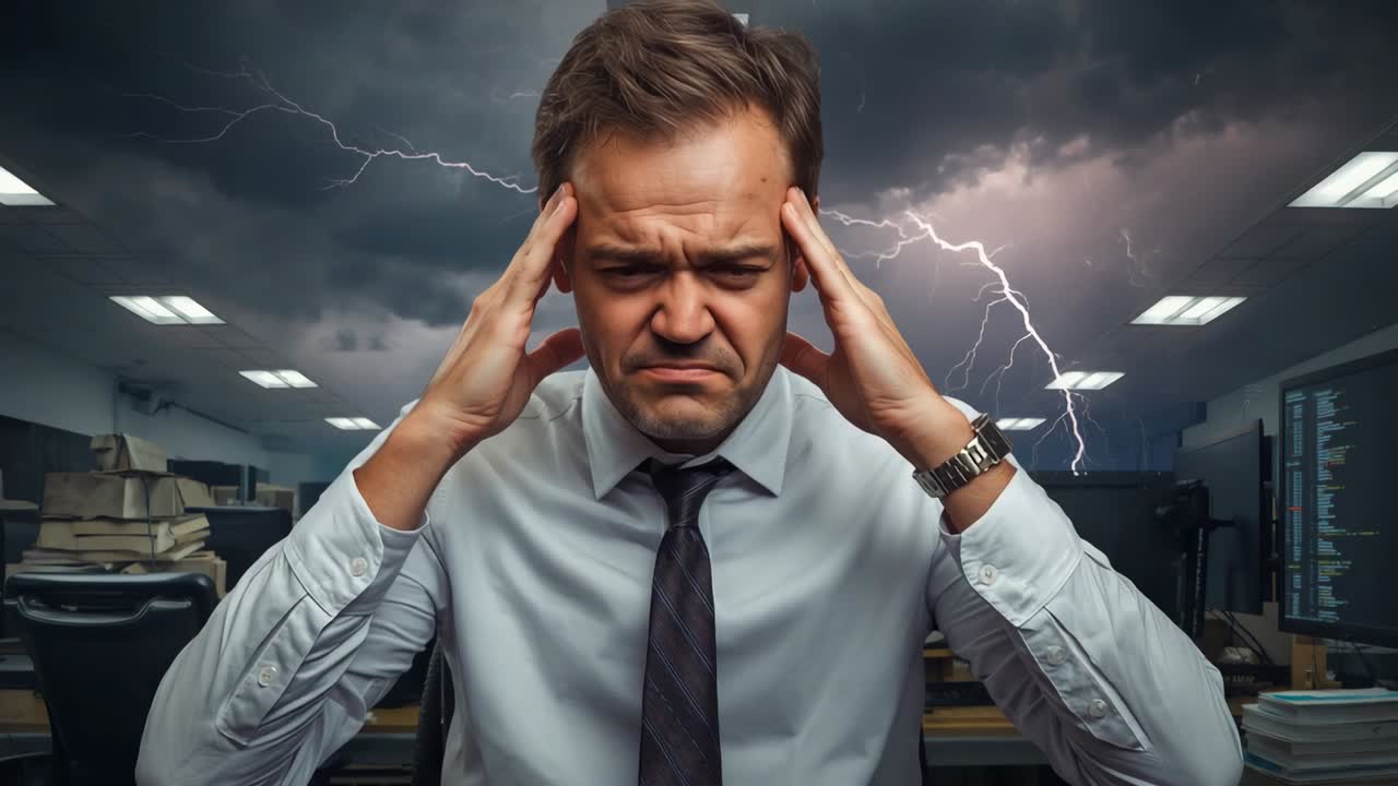 Stressed man wearing tie reacting to storm display, rubbing temples and slumping at office desk