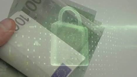 animation of changing numbers and security padlock over hand counting euro banknotes