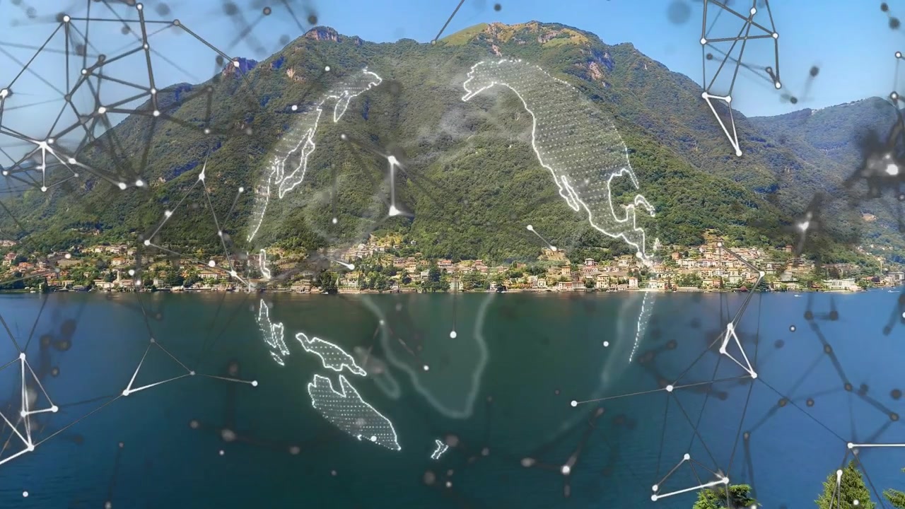 Particelle che si aggregano, un globo wireframe che appare sopra un lago, ruotando e muovendo i nodi, mostrando i collegamenti.