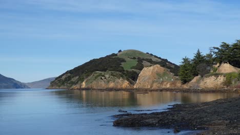 Very-calm-sea-water-leaves-a-small-reflection-of-orange-colored-volcanic-rocks---Onawe-Peninsula,-Akaro-Harbor