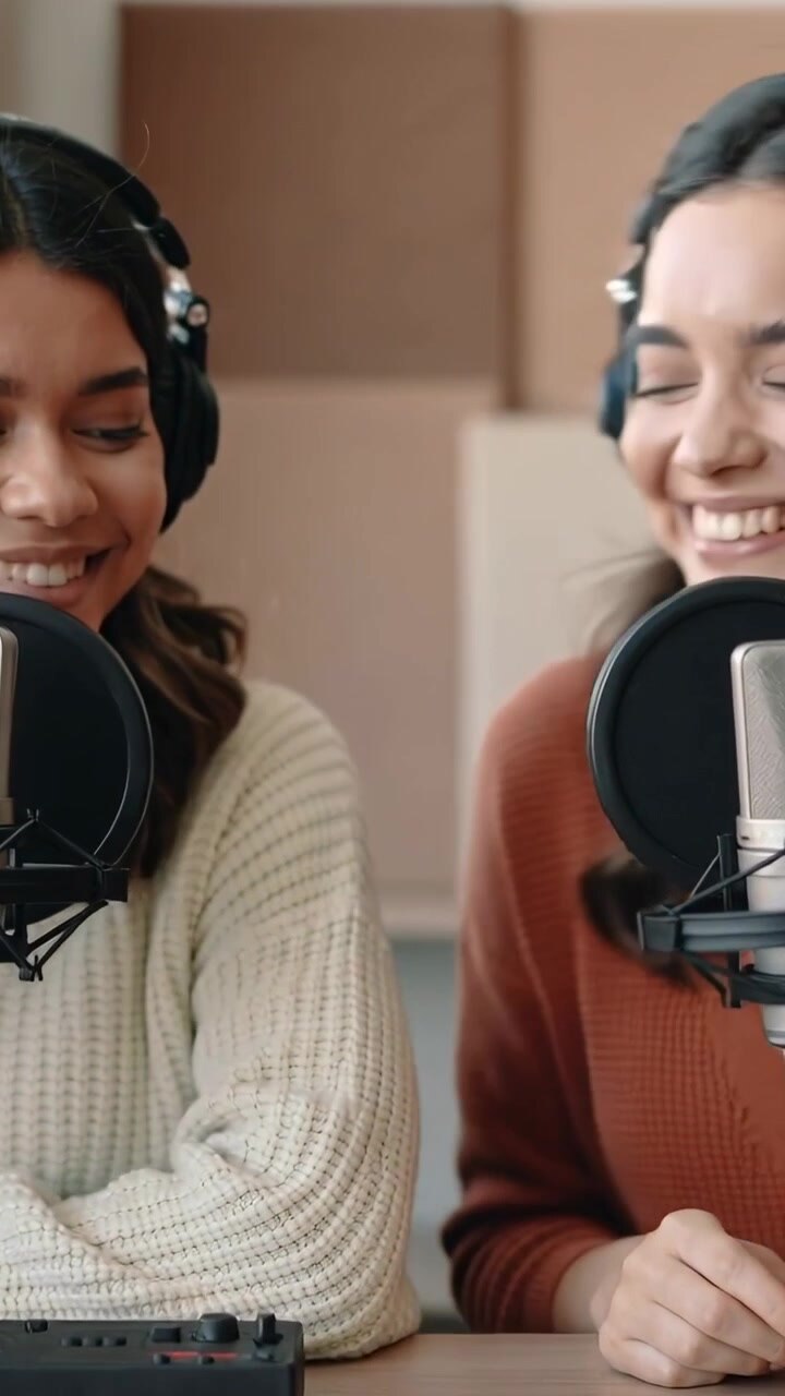 Video verticale: Premendo "registra", conduttori in maglioni che ridono e parlano nei microfoni per un podcast in studio.