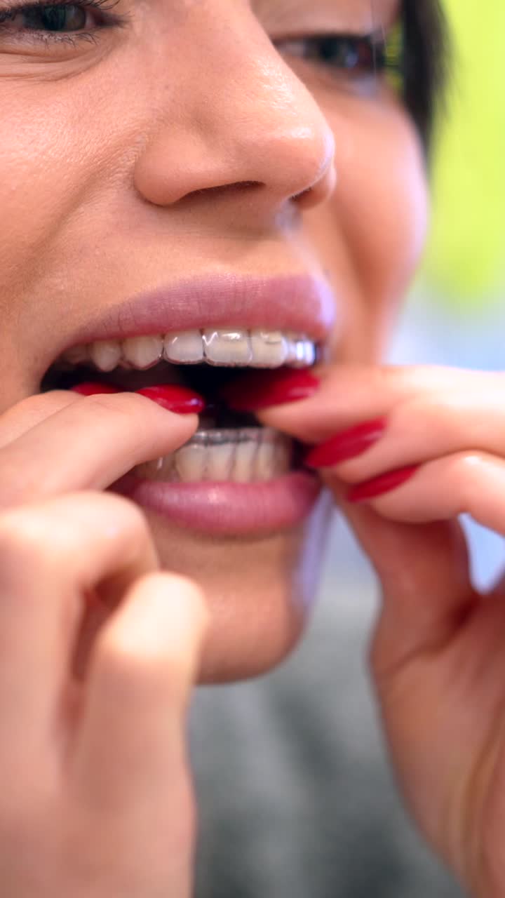 Woman using clear aligners to straighten her teeth