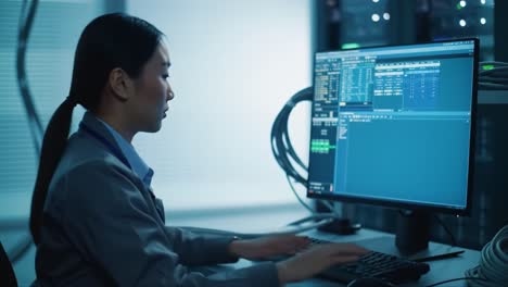 A software engineer focuses intently on coding in a high-tech office. The glowing screens provide a modern atmosphere, highlighting the late-night work hours in a collaborative tech space.