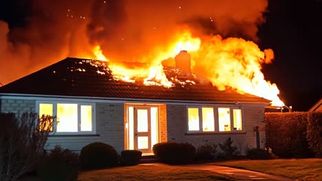 a house on fire in the middle of a residential area