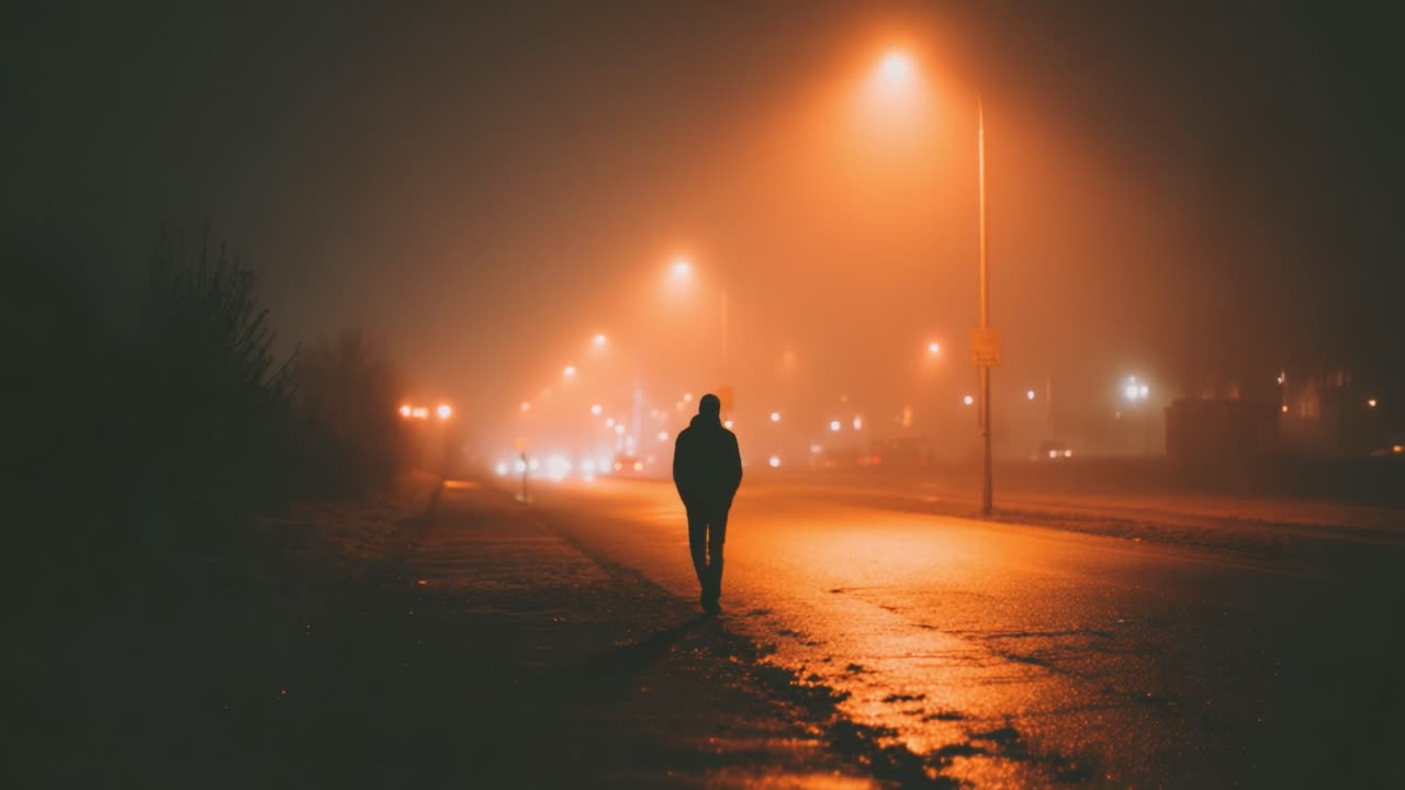 A solitary figure walking down a foggy street illuminated by hazy streetlights, creating a mysterious and atmospheric scene during nightfall