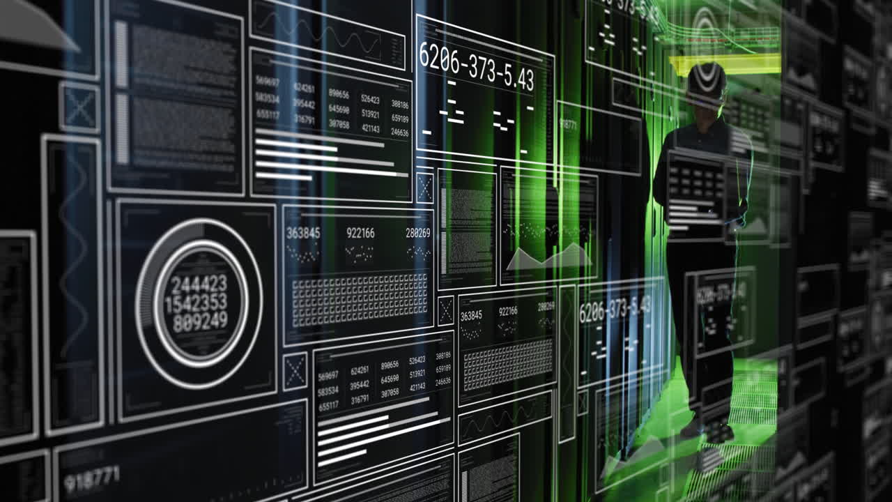 Animation of interface with data processing over asian male engineer using laptop at server room