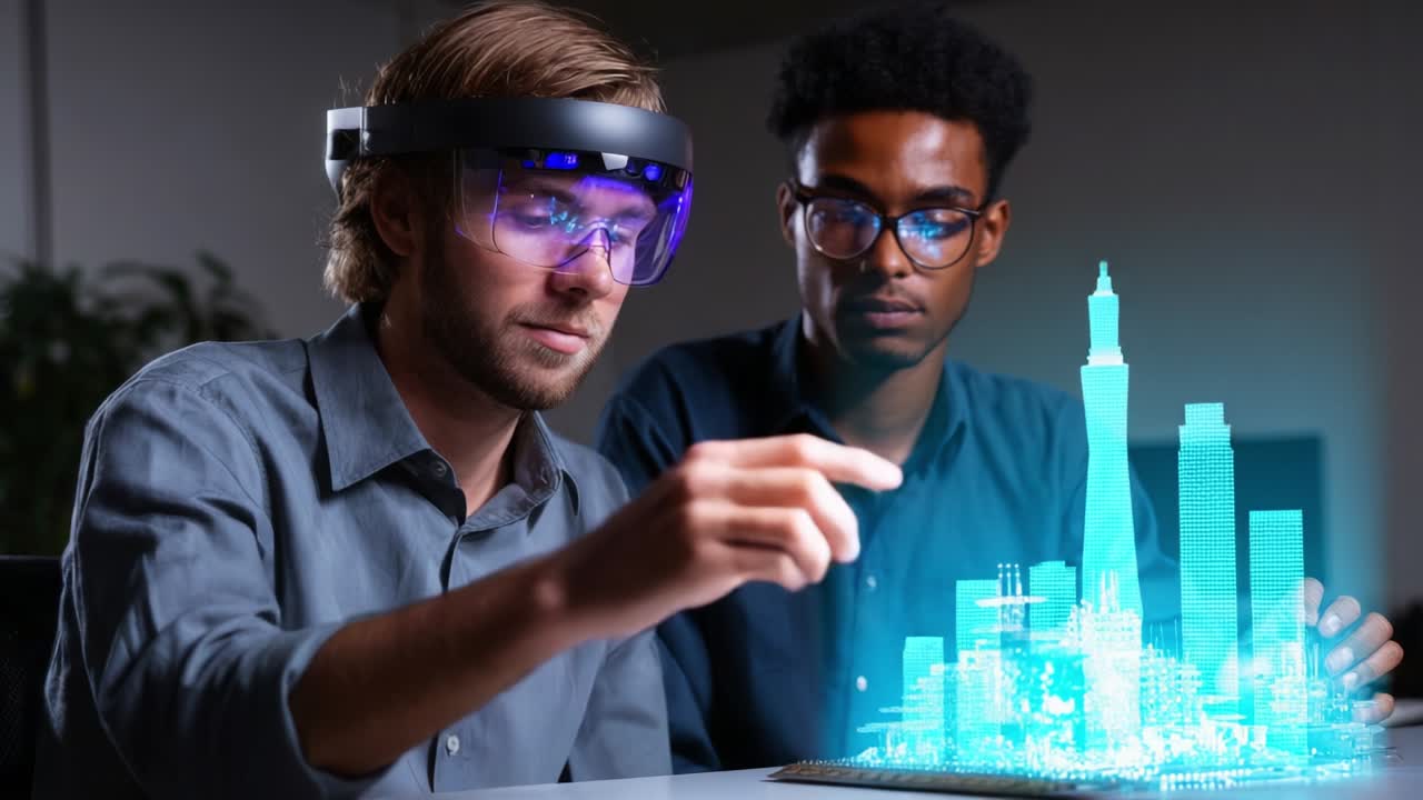 Innovative collaborators immersed in virtual reality technology, showcasing 3D holographic designs of a futuristic city skyline while utilizing augmented reality headsets for interactive planning and visualization