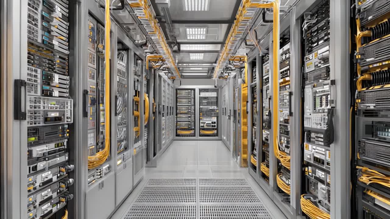 A detailed view of a high-tech server room showcasing advanced networking equipment, data servers, and neatly organized cabling infrastructure, highlighting modern technology in data management