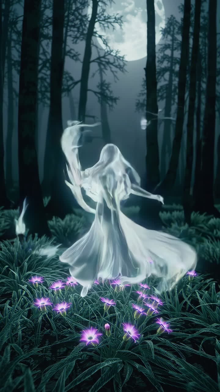 Ghostly Woman Dancing in a Moonlight Forest